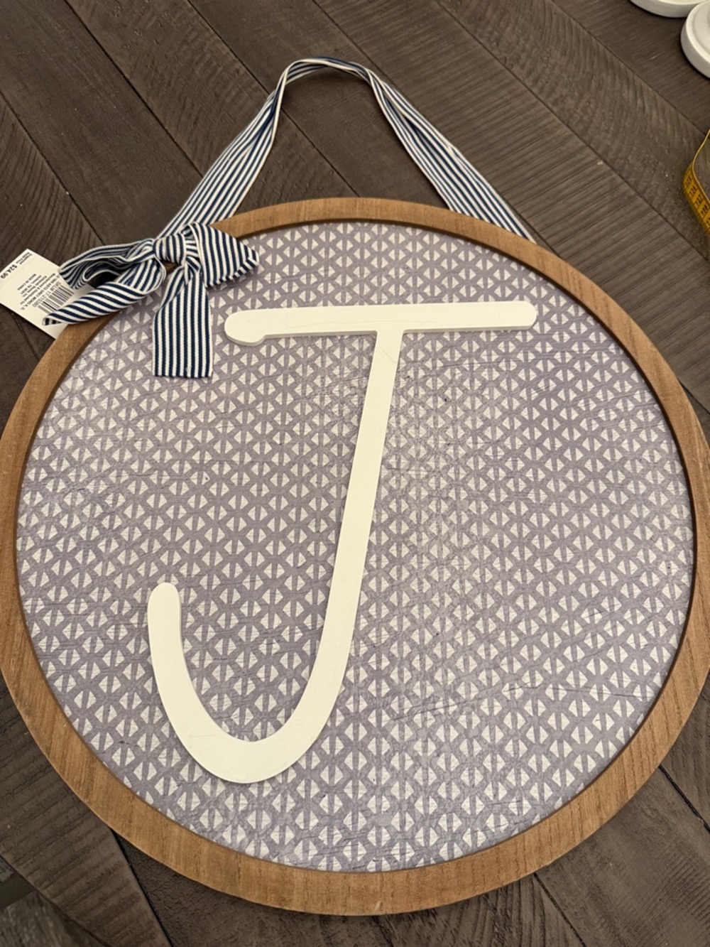Round Wooden Monogram Wall Hanging J in Blue Pattern